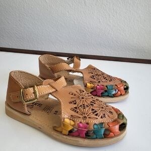 Kids Tan Leather Sandals with Multicolor Accents
